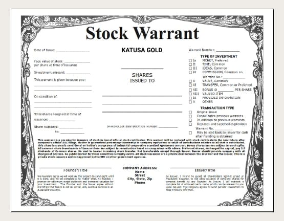 Stock warrant example of Katusa Gold