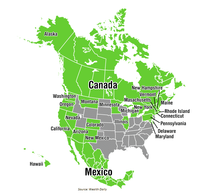 Cannabis legalized area map 2018